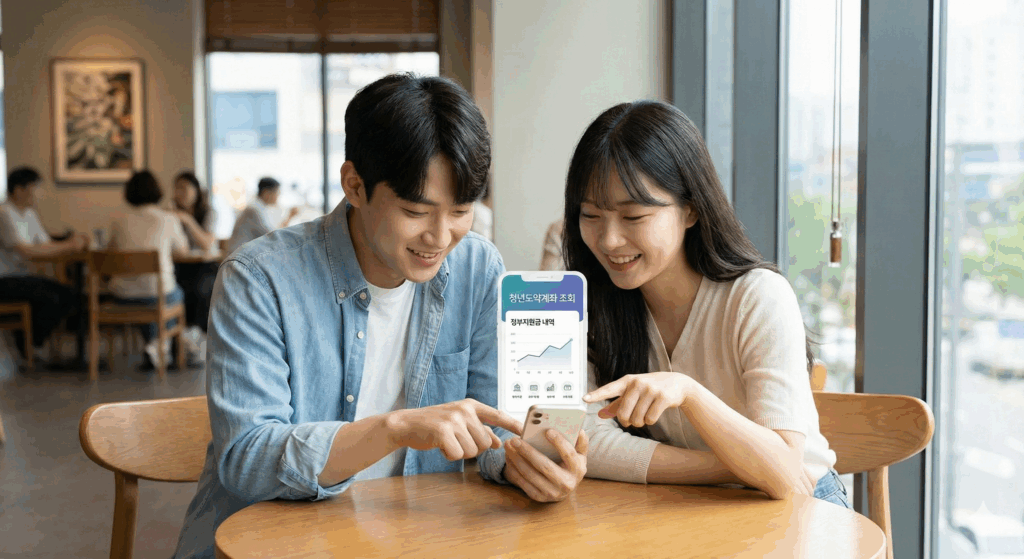 스마트폰으로 청년도약계좌와 정부지원금을 조회하는 20대 남녀